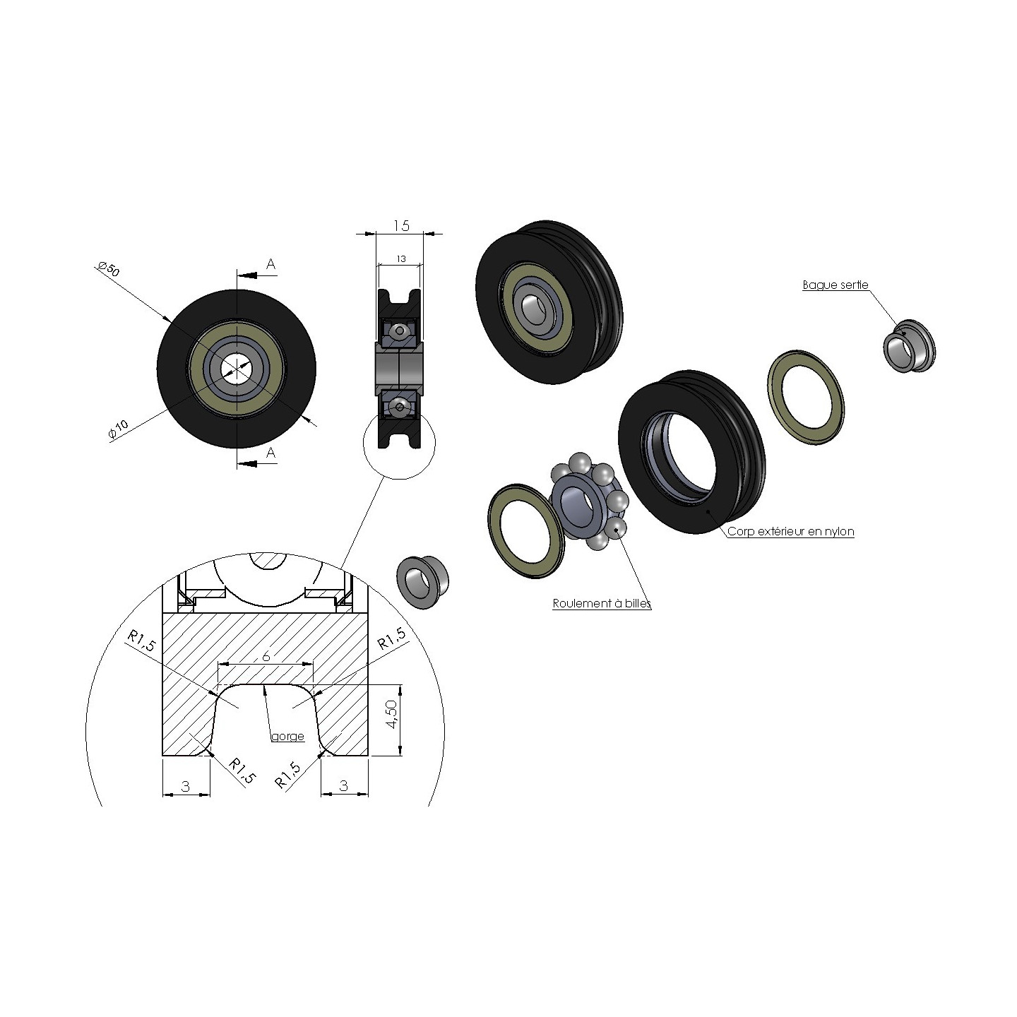 Galet Nylon Diamètre 50mm Porte à déplacement latéral