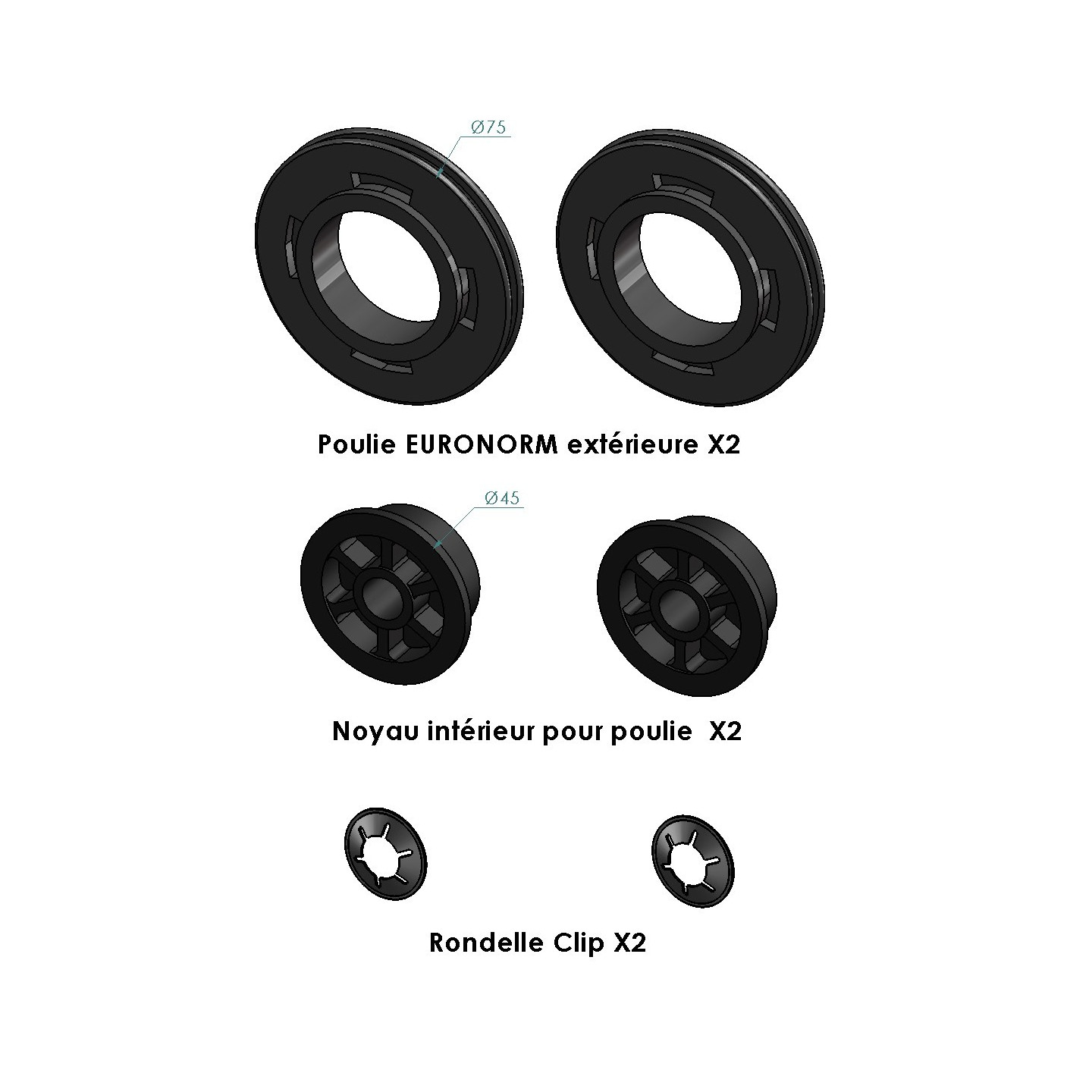 Poulie Fixe PVC EURONORM Diamètre 75 mm + clip (la paire)