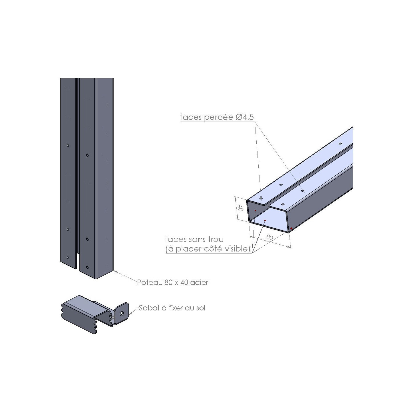 Poteau précadre acier 80x40