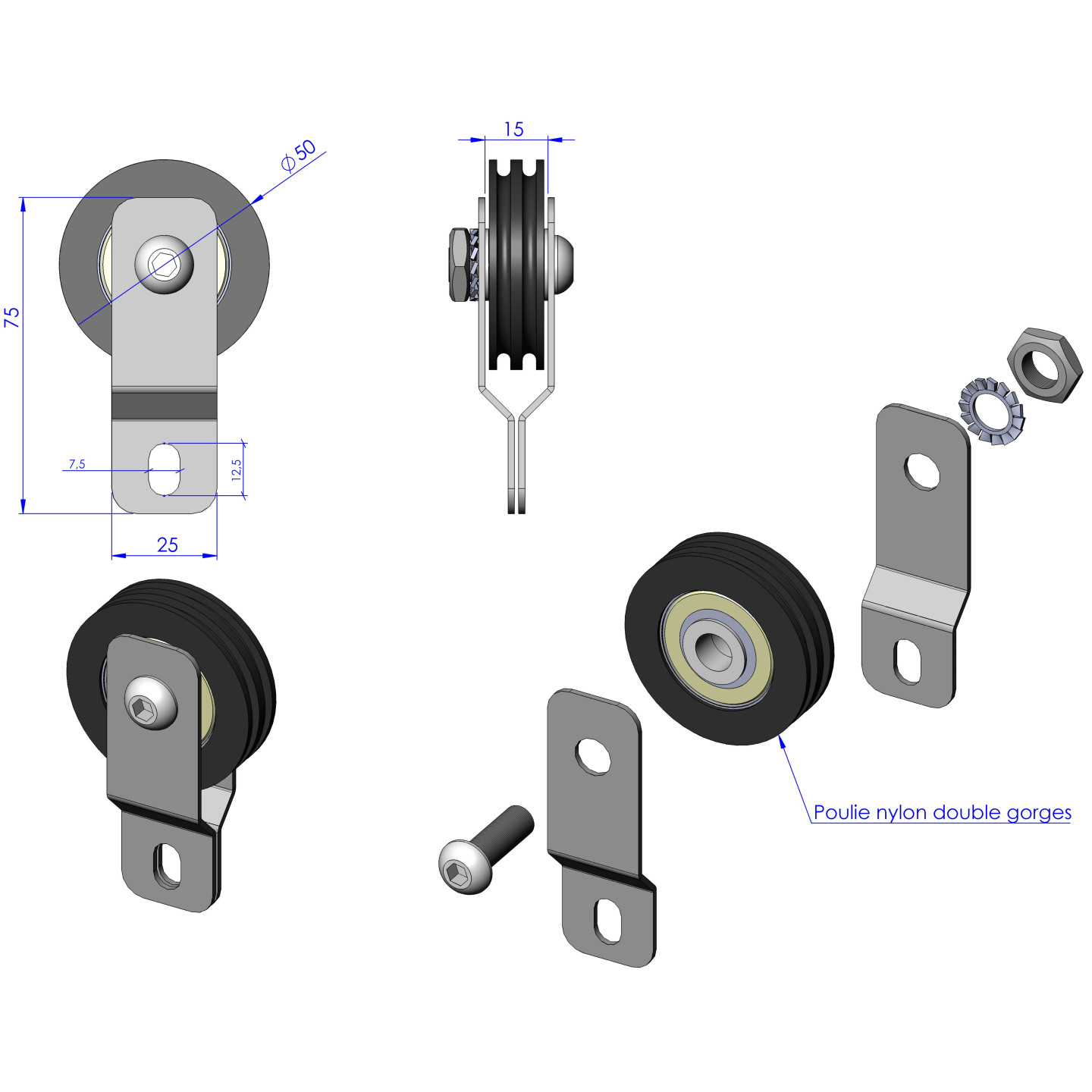 Poulie Mobile Nylon Diamètre 50mm double gorge + supports monoressort