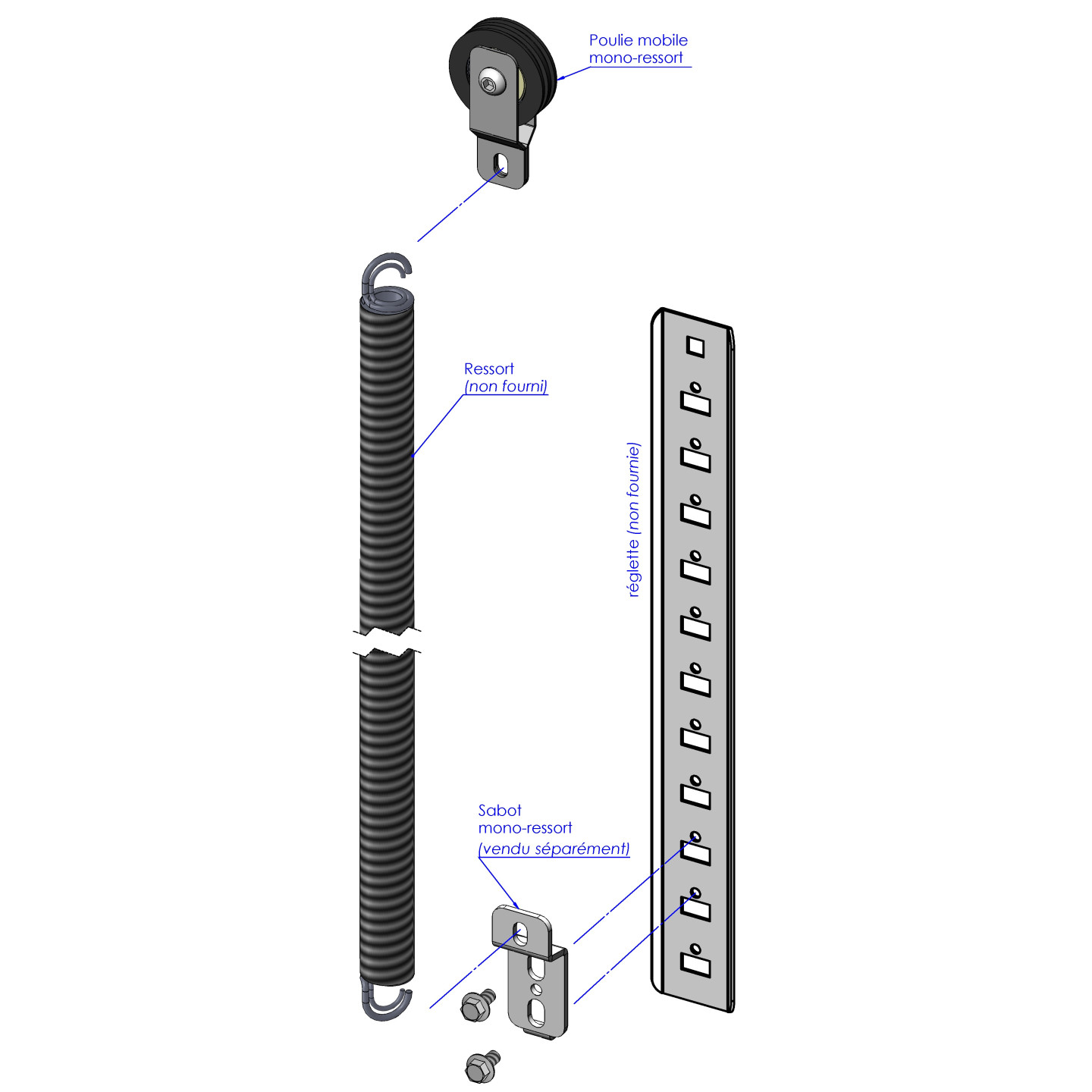 Poulie Mobile Nylon Diamètre 50mm double gorge + support monoressort