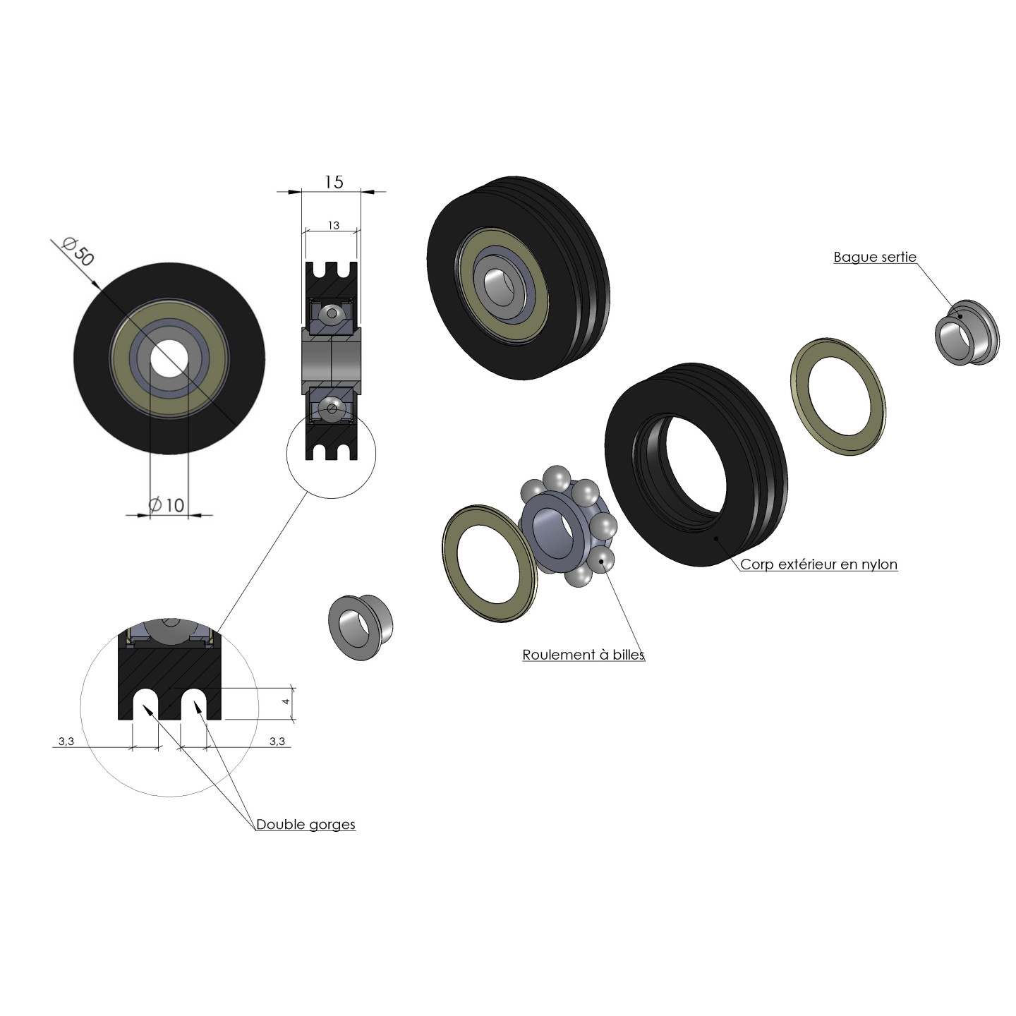 Poulie Mobile Nylon Diamètre 50mm double gorge + support mono-ressort