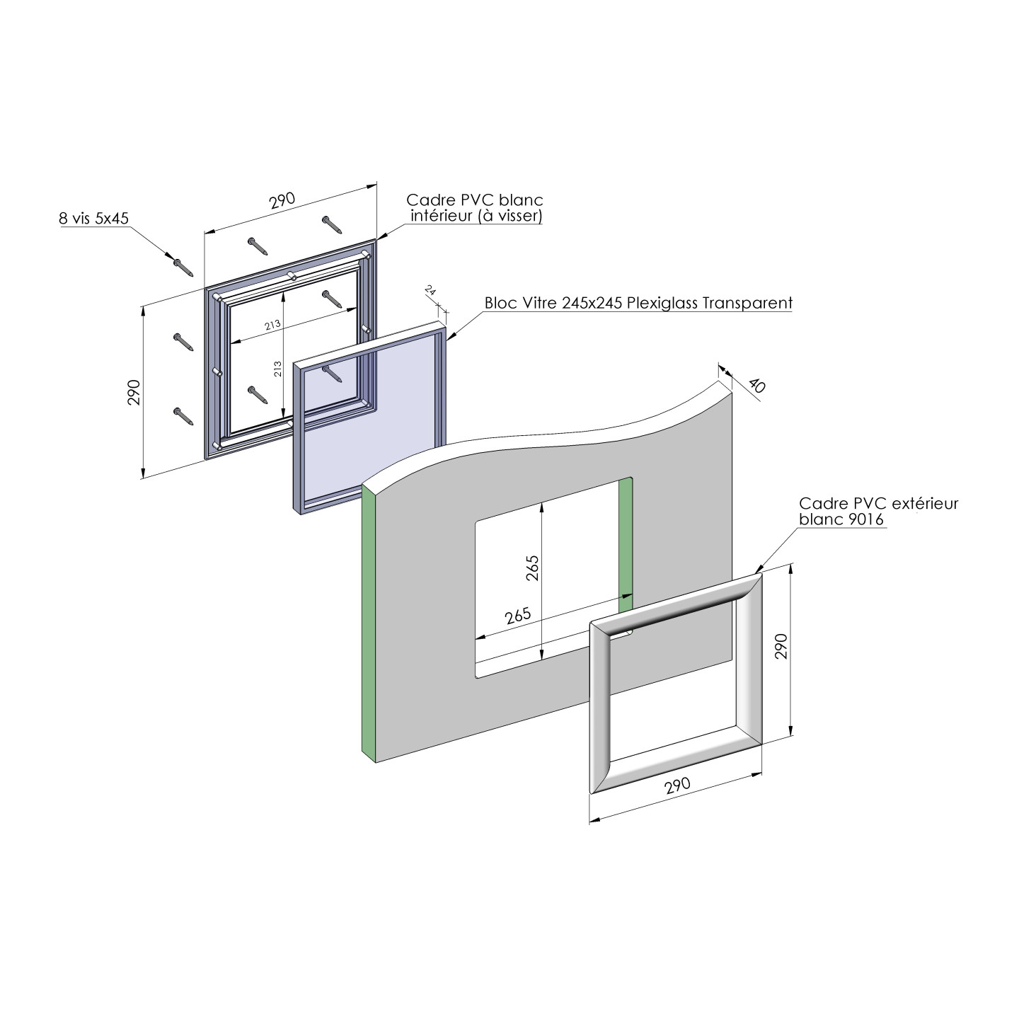 Hublot carré porte isolée 40mm Transparent Blanc