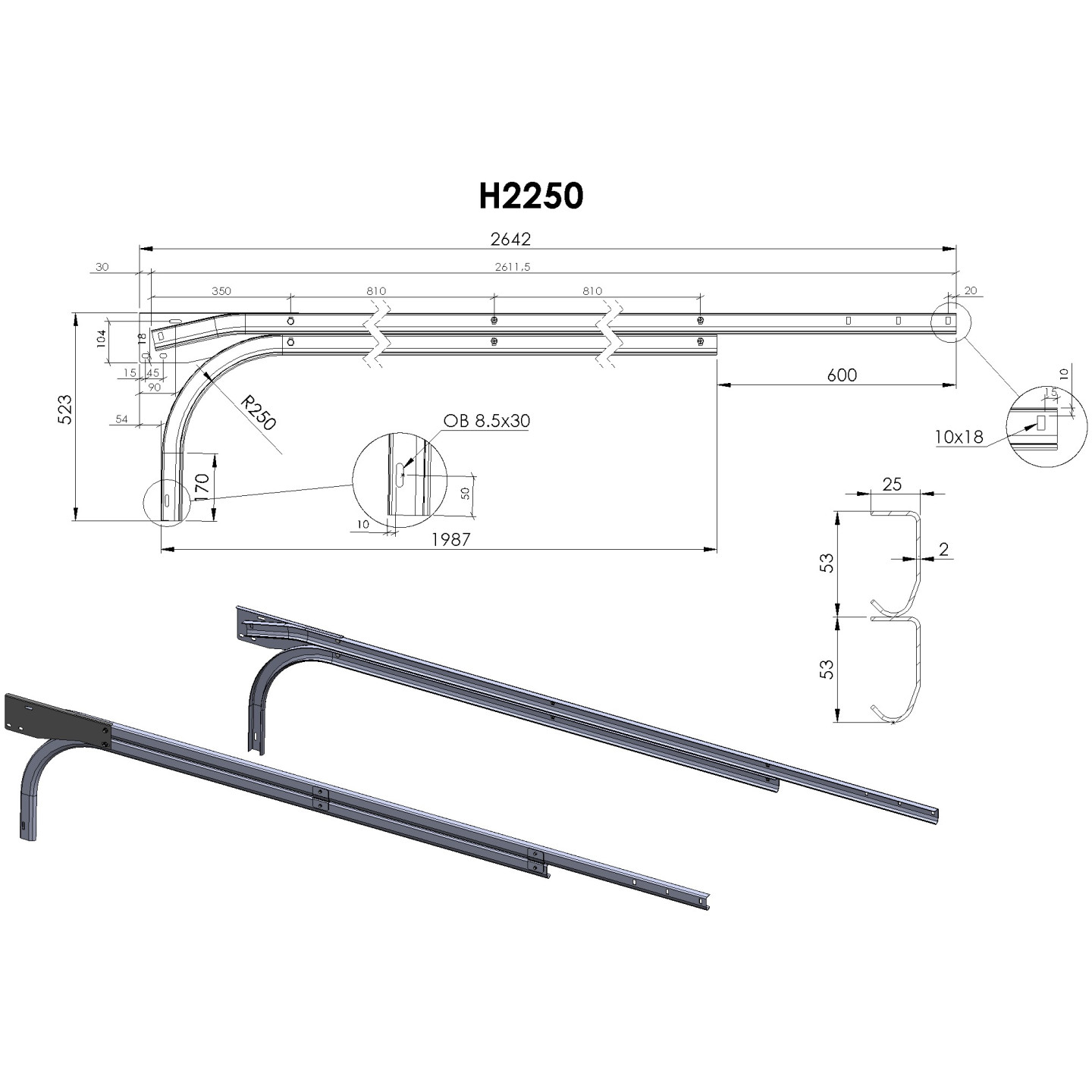 Doubles Rails Horizontaux Sectionnelle H2250